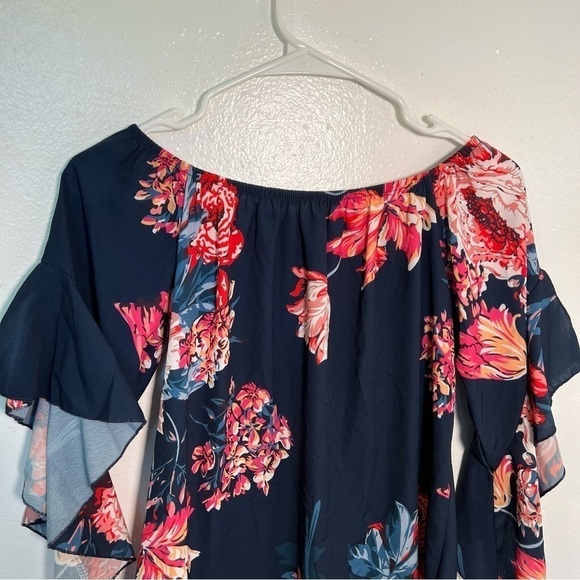 Off Shoulder Blouse Blue Red Floral Tie Front - Picture 11 of 13